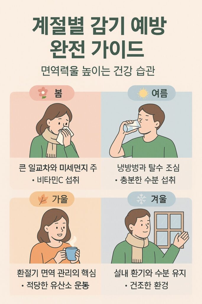 봄, 여름, 가을, 겨울별 감기 예방법과 면역력 관리 습관을 안내하는 인포그래픽